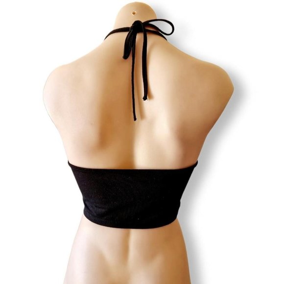 Black halter tie kite crop top with white mandala screen print on front. - Picture 4 of 7